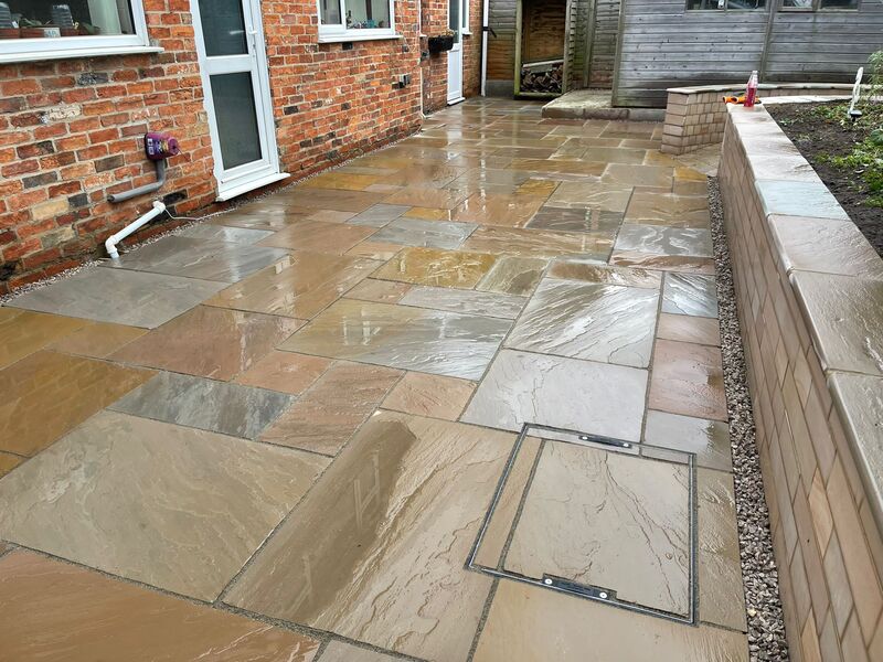Green Room Gardens - Indian sandstone patio freshly laid