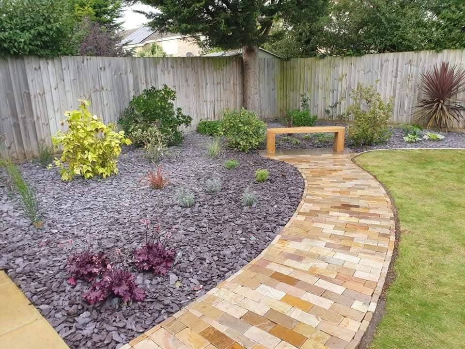 Green Room Gardens - Indian sandstone curved pathway with gravel border