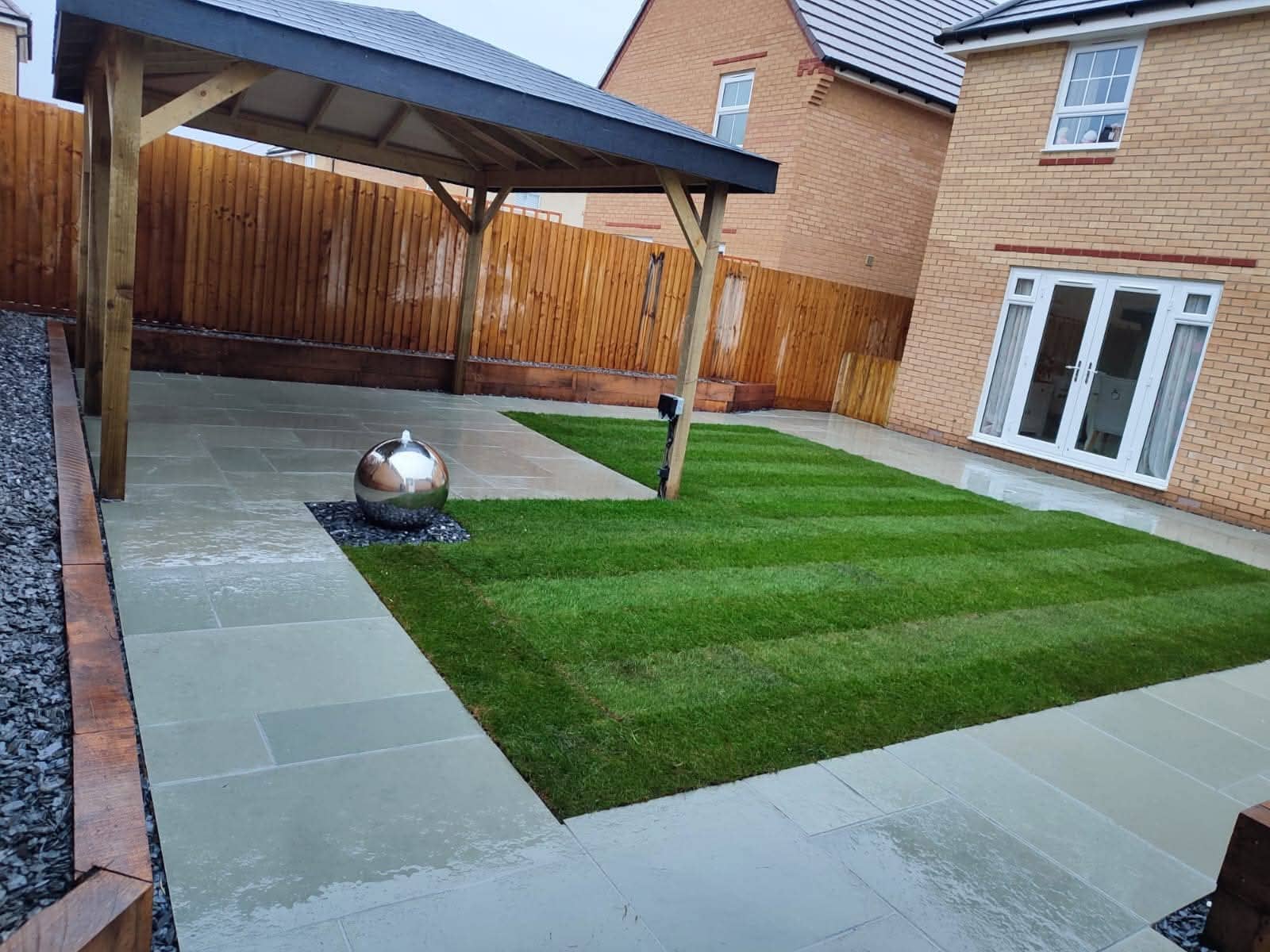 Green Room Gardens - artificial grass lawn with timber sleeper edging